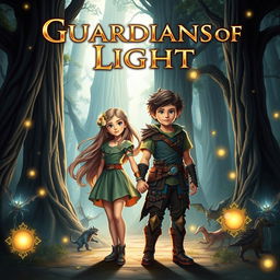 A stunning fantasy book cover for 'Guardians of Light', featuring a brave boy and girl at the forefront