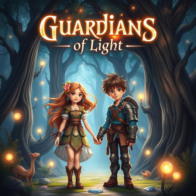 A stunning fantasy book cover for 'Guardians of Light', featuring a brave boy and girl at the forefront