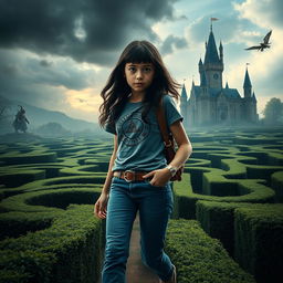 A cinematic movie poster featuring a 14-year-old Italian girl with black hair, dressed in modern jeans and a trendy t-shirt, set in 2019