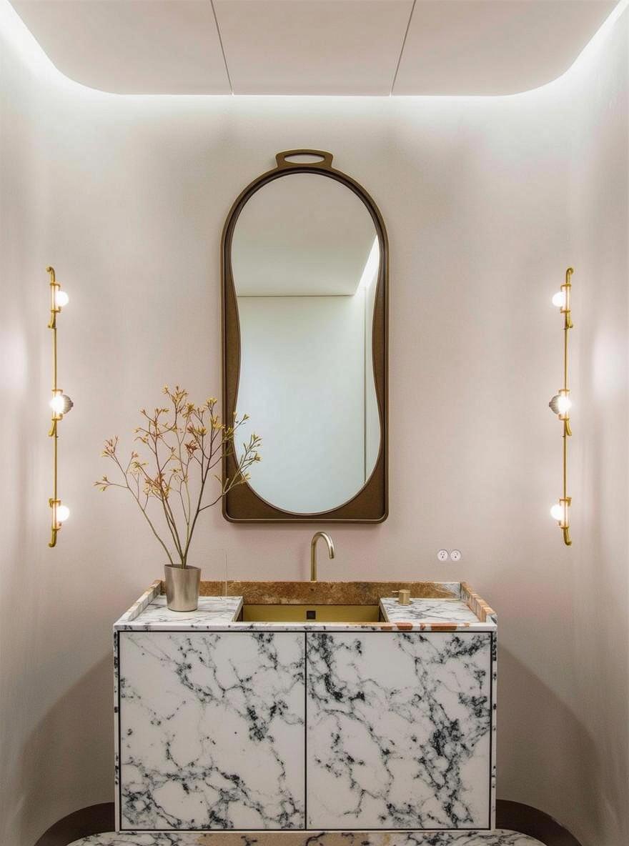 A modern and elegant bathroom interior featuring a marble vanity with a sleek, golden faucet