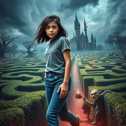 A cinematic movie poster featuring a 14-year-old Italian girl with black hair, dressed in modern jeans and a trendy t-shirt, set in 2019