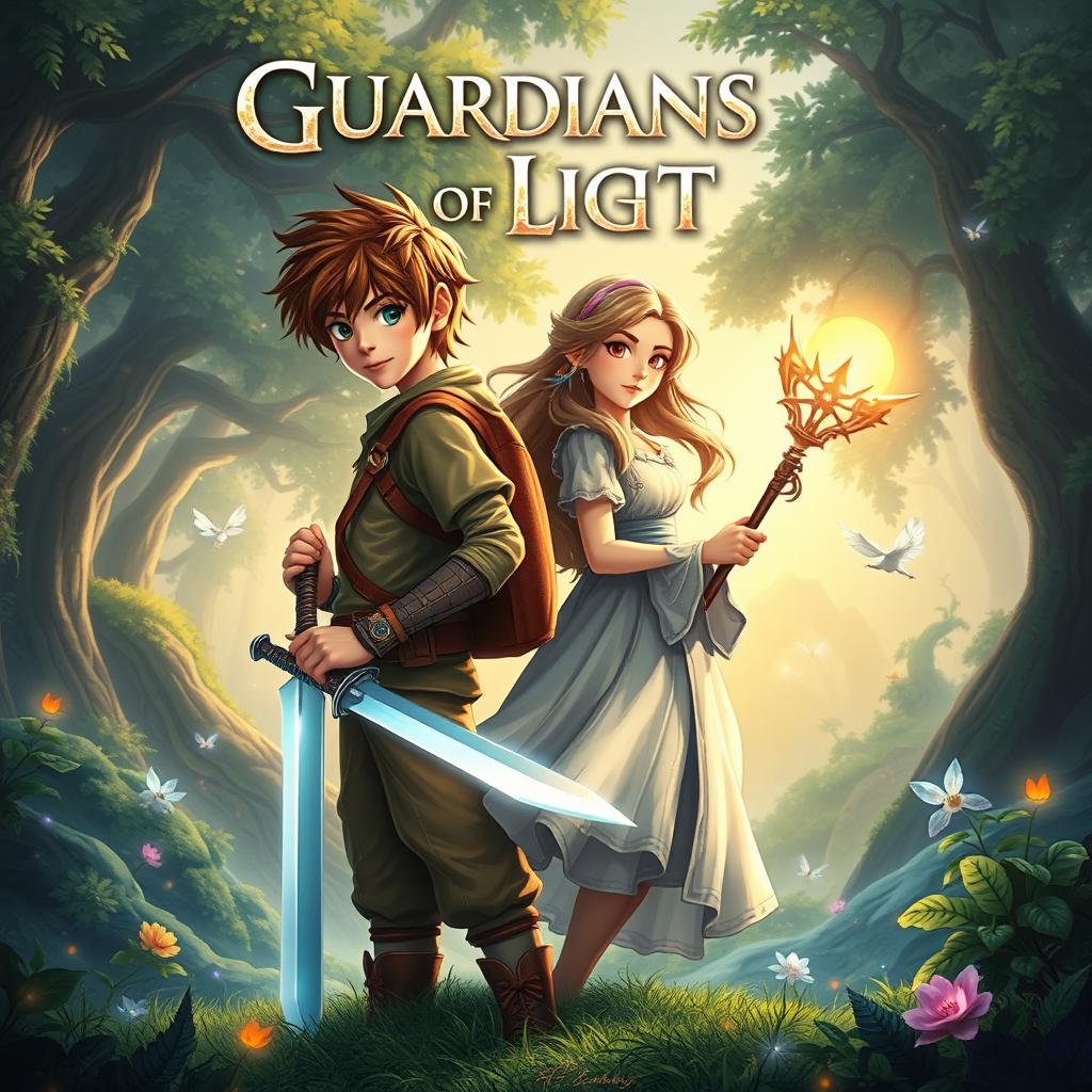 A striking fantasy thumbnail for 'Guardians of Light', featuring a courageous boy and girl standing back-to-back in an enchanting landscape