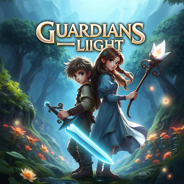 A striking fantasy thumbnail for 'Guardians of Light', featuring a courageous boy and girl standing back-to-back in an enchanting landscape