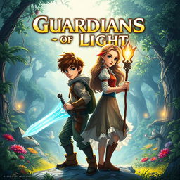 A striking fantasy thumbnail for 'Guardians of Light', featuring a courageous boy and girl standing back-to-back in an enchanting landscape