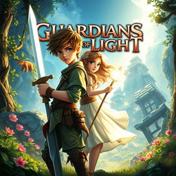 A striking fantasy thumbnail for 'Guardians of Light', featuring a courageous boy and girl standing back-to-back in an enchanting landscape