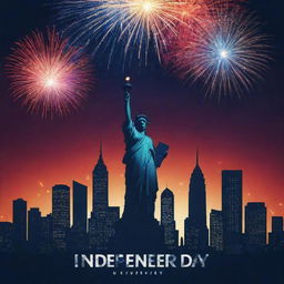 Generate a captivating Independence Day poster featuring bold colors, fireworks illuminating the night sky over a silhouette of a cityscape, the national flag waving in the breeze, and 'Independence Day' written in striking fonts.