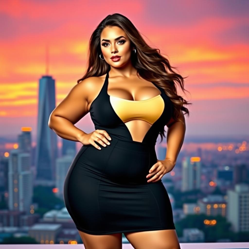 A voluptuous woman with curvy features, wearing a fitted and stylish outfit that accentuates her silhouette