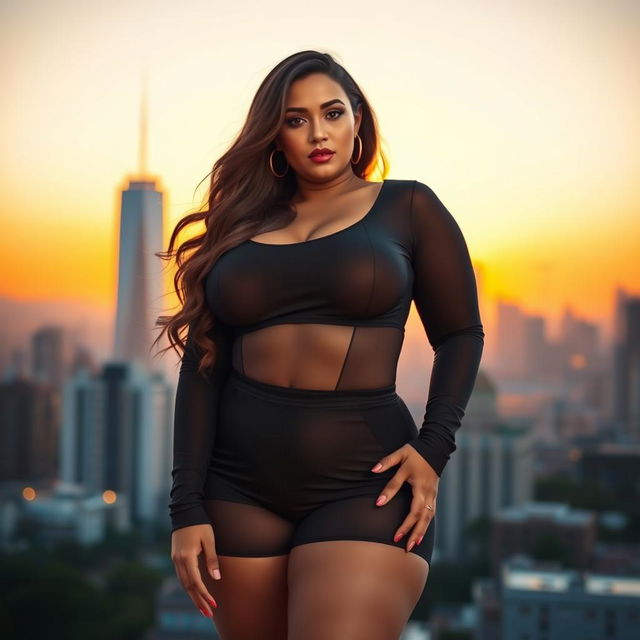 A voluptuous woman with curvy features, wearing a fitted and stylish outfit that accentuates her silhouette