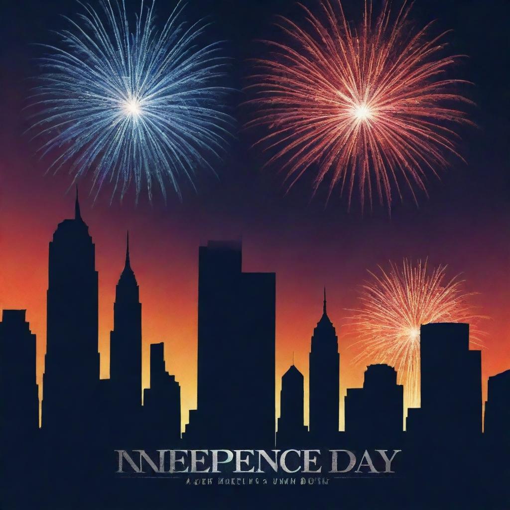 Generate a captivating Independence Day poster featuring bold colors, fireworks illuminating the night sky over a silhouette of a cityscape, the national flag waving in the breeze, and 'Independence Day' written in striking fonts.