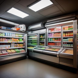 Design a detailed, realistic convenience store with dimensions of height 80", width 144", length 408". It includes two large 1000 liter fridges and two 300 liter deep freezers.