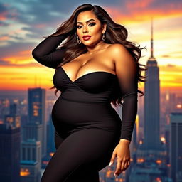 A voluptuous woman with curvy features, wearing a fitted and stylish outfit that accentuates her silhouette