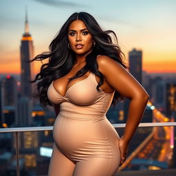 A voluptuous woman with curvy features, wearing a fitted and stylish outfit that accentuates her silhouette