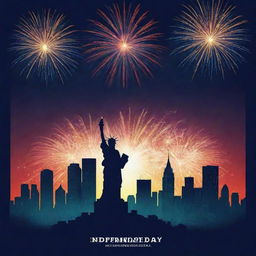 Generate a captivating Independence Day poster featuring bold colors, fireworks illuminating the night sky over a silhouette of a cityscape, the national flag waving in the breeze, and 'Independence Day' written in striking fonts.