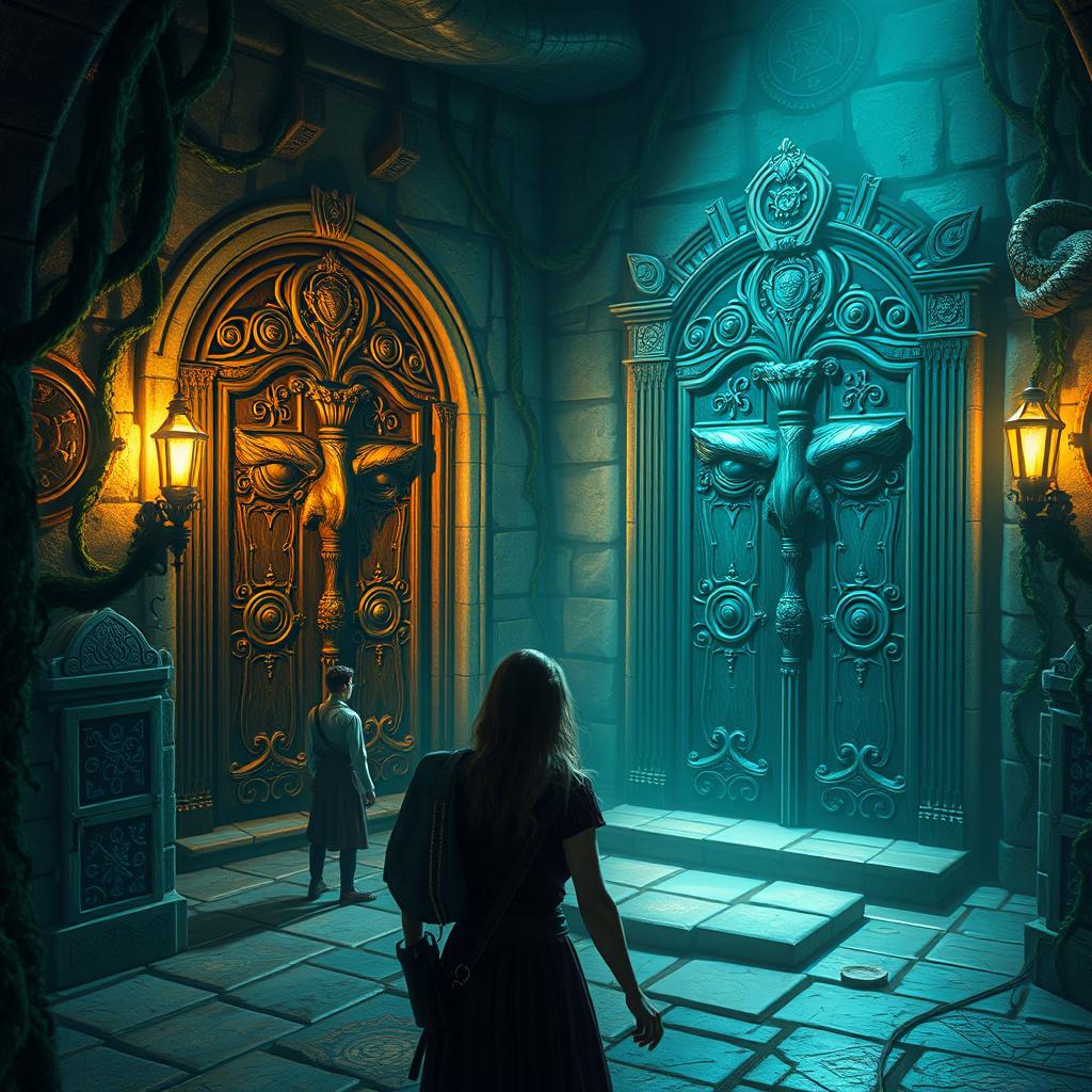 In this magical labyrinth scene, the protagonists encounter a mysterious area featuring two grand doors that have faces and can speak