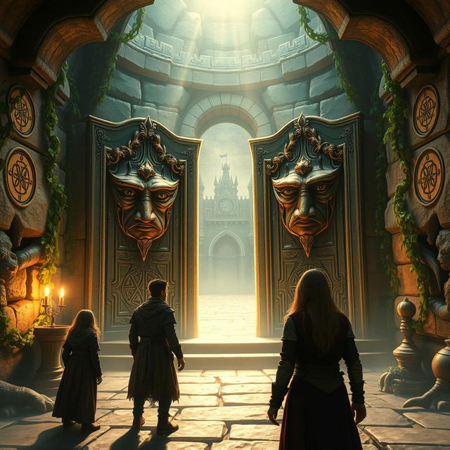 In this magical labyrinth scene, the protagonists encounter a mysterious area featuring two grand doors that have faces and can speak