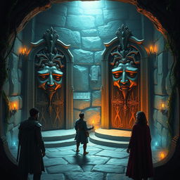 In this magical labyrinth scene, the protagonists encounter a mysterious area featuring two grand doors that have faces and can speak