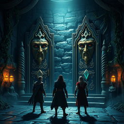 In this magical labyrinth scene, the protagonists encounter a mysterious area featuring two grand doors that have faces and can speak