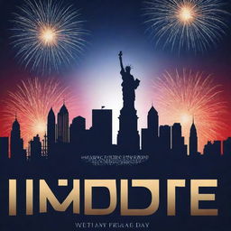 Generate a captivating Independence Day poster featuring bold colors, fireworks illuminating the night sky over a silhouette of a cityscape, the national flag waving in the breeze, and 'Independence Day' written in striking fonts.