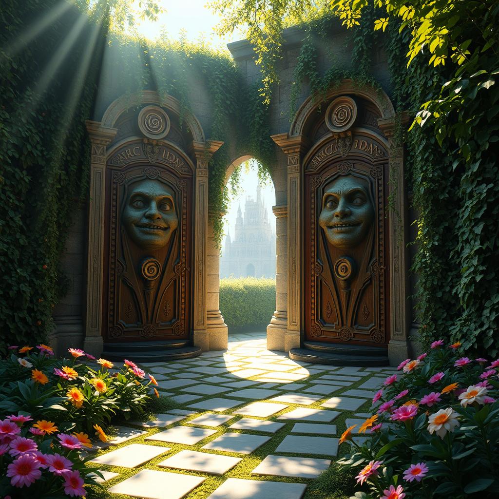 In this magical labyrinth scene, a morning atmosphere envelops an area with two grand doors that feature faces and can speak