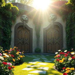 In this magical labyrinth scene, a morning atmosphere envelops an area with two grand doors that feature faces and can speak