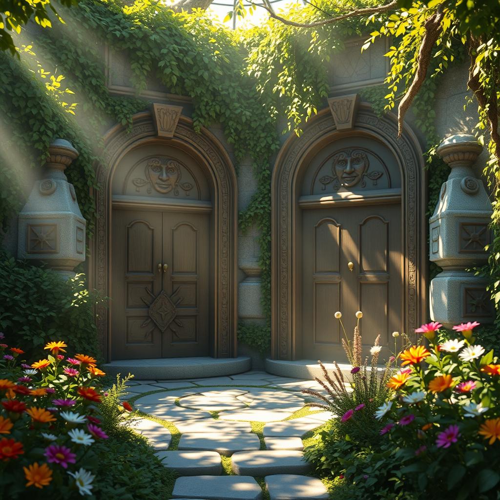 In this magical labyrinth scene, a morning atmosphere envelops an area with two grand doors that feature faces and can speak