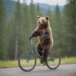 A playful bear skillfully balancing on a bicycle, with forest in the background.