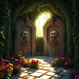 In this magical labyrinth scene, a morning atmosphere envelops an area with two grand doors that feature faces and can speak