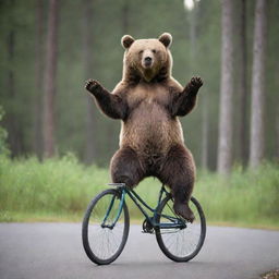 A playful bear skillfully balancing on a bicycle, with forest in the background.