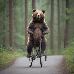 A playful bear skillfully balancing on a bicycle, with forest in the background.