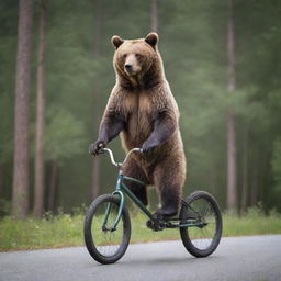 A playful bear skillfully balancing on a bicycle, with forest in the background.