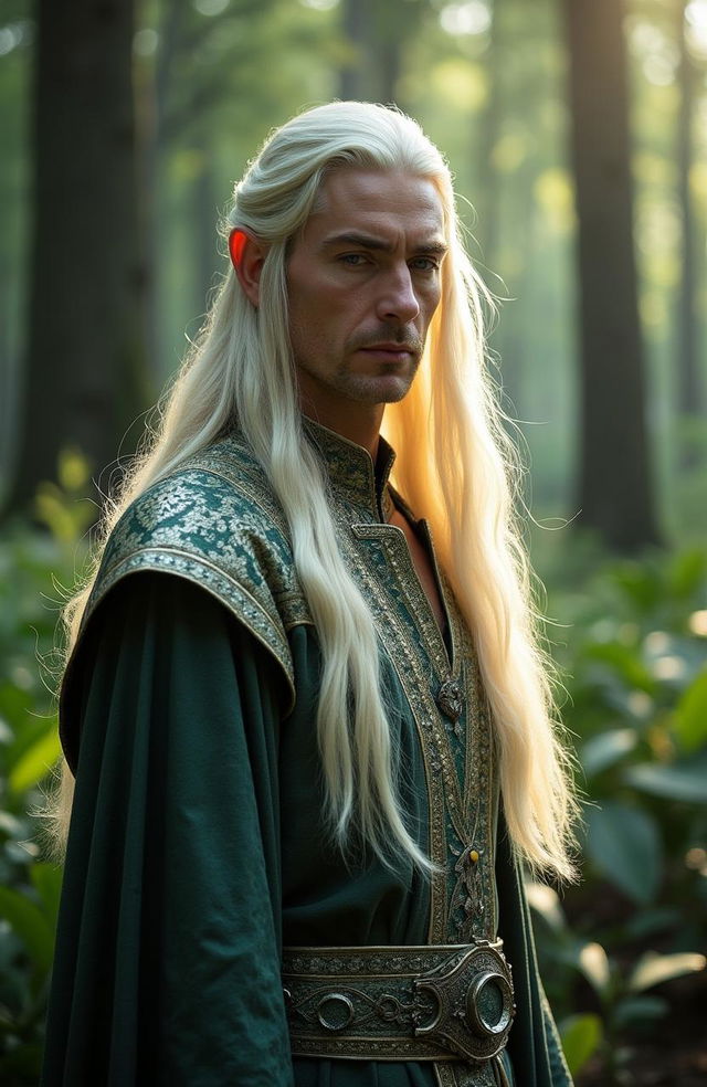 A high-resolution live-action portrayal of King Thranduil in his 40s, the regal elven ruler from the Lord of the Rings