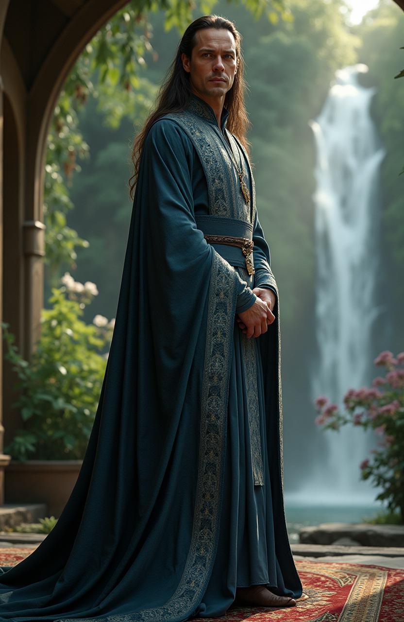 A high-resolution live-action portrayal of a clean-faced Elrond in his 40s, the wise and noble Elven lord from the Lord of the Rings, set in the enchanting landscape of Rivendell