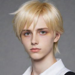 Anime-style slim teen boy with long, tail-back, blonde hair. He has captivating heterochromia, one eye is yellow and the other one is white, adding an intriguing uniqueness to his appearance.