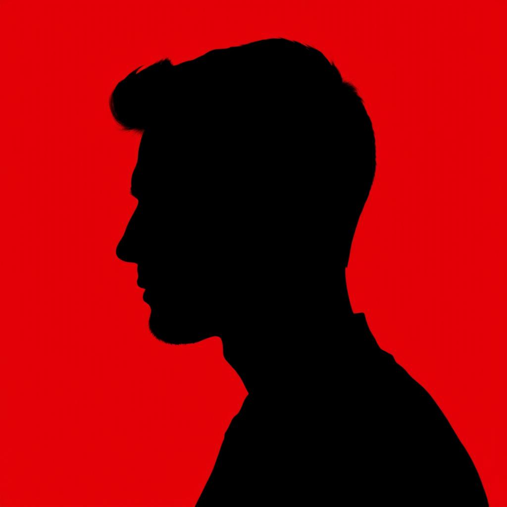 A male silhouette in profile against a vibrant red background