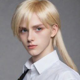 Anime-style slim teen boy with long, tail-back, blonde hair. He has captivating heterochromia, one eye is yellow and the other one is white, adding an intriguing uniqueness to his appearance.