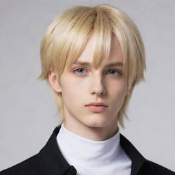 Anime-style slim teen boy with long, tail-back, blonde hair. He has captivating heterochromia, one eye is yellow and the other one is white, adding an intriguing uniqueness to his appearance.