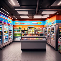 Design a detailed, realistic convenience store with dimensions of height 80", width 144", length 408". It includes two large 1000 liter fridges and two 300 liter deep freezers.