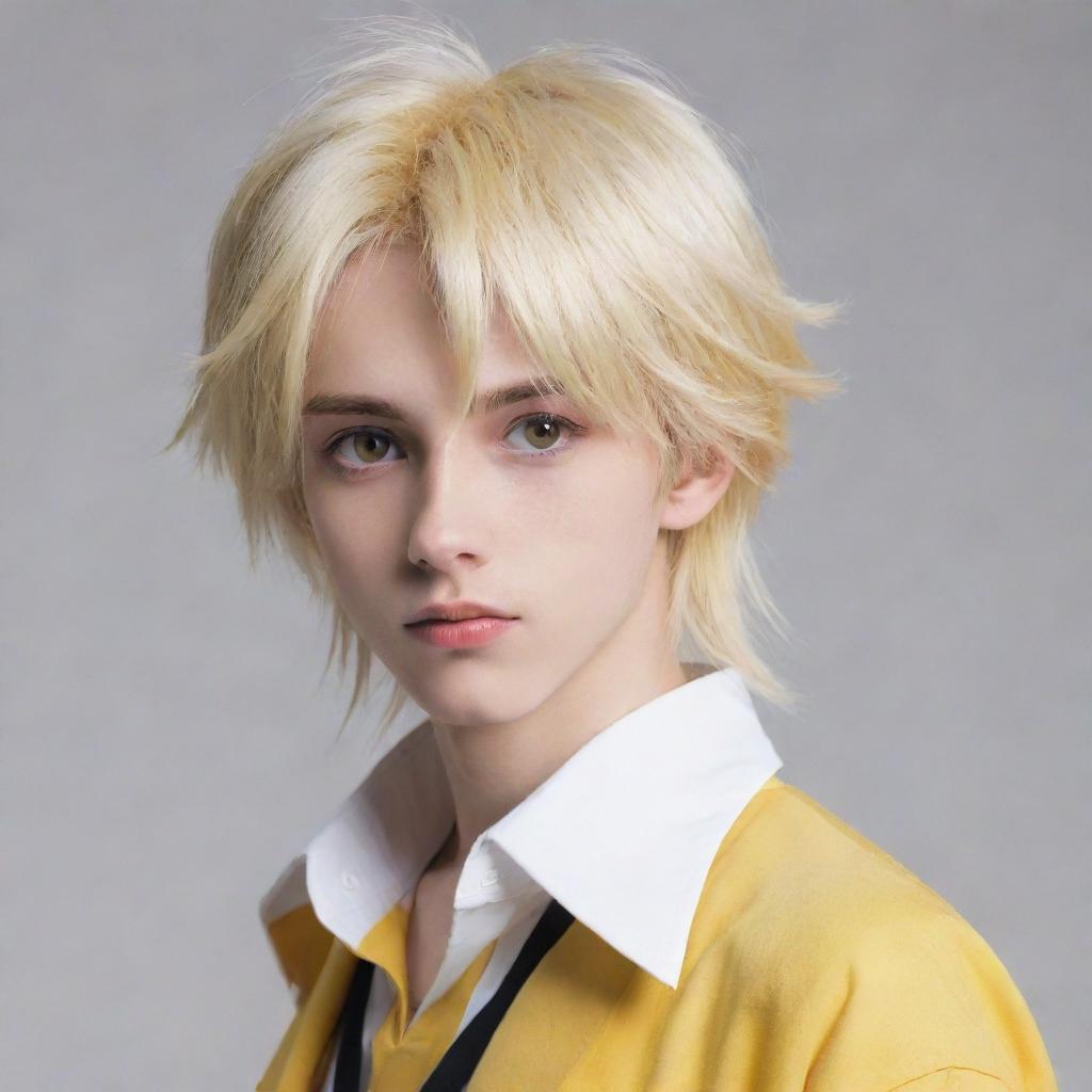 Anime-style slim teen boy with long, tail-back, blond hair. His intriguing heterochromatic eyes - one yellow, one white - add a unique charm to his personality.