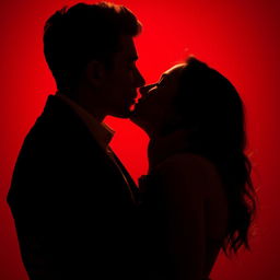 A romantic scene featuring a couple passionately kissing, captured in a dimly lit atmosphere with a striking red background that enhances the intimacy of the moment