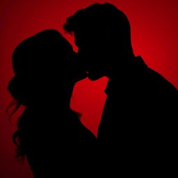 A romantic scene featuring a couple passionately kissing, captured in a dimly lit atmosphere with a striking red background that enhances the intimacy of the moment