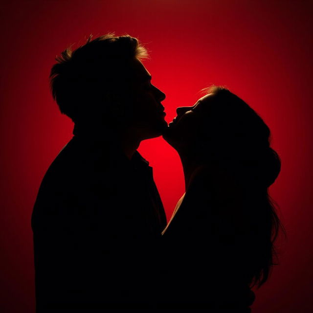 A romantic scene featuring a couple passionately kissing, captured in a dimly lit atmosphere with a striking red background that enhances the intimacy of the moment