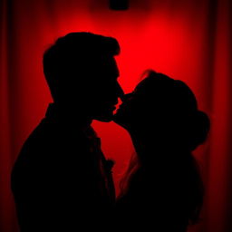 A romantic scene featuring a couple passionately kissing, captured in a dimly lit atmosphere with a striking red background that enhances the intimacy of the moment