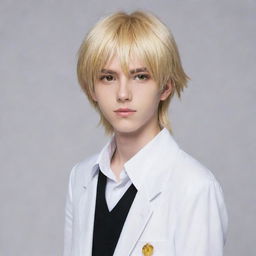 Anime-style slim teen boy with long, tail-back, blond hair. His intriguing heterochromatic eyes - one yellow, one white - add a unique charm to his personality.