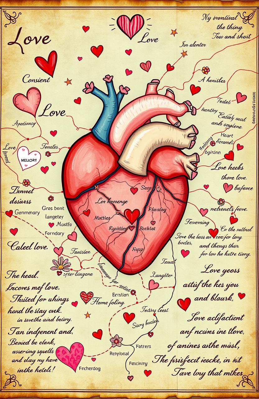 A beautiful, intricate map of the heart, representing emotional pathways with delicate lines and symbols that illustrate love, memories, and experiences