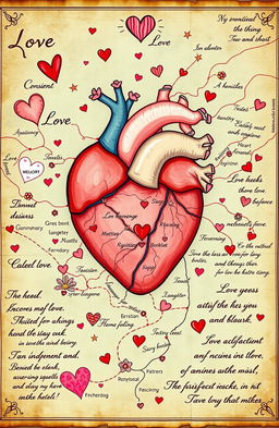 A beautiful, intricate map of the heart, representing emotional pathways with delicate lines and symbols that illustrate love, memories, and experiences