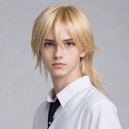 Anime-style slim teen boy with long, tail-back, blond hair. His intriguing heterochromatic eyes - one yellow, one white - add a unique charm to his personality.