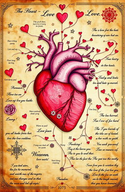 A beautiful, intricate map of the heart, representing emotional pathways with delicate lines and symbols that illustrate love, memories, and experiences