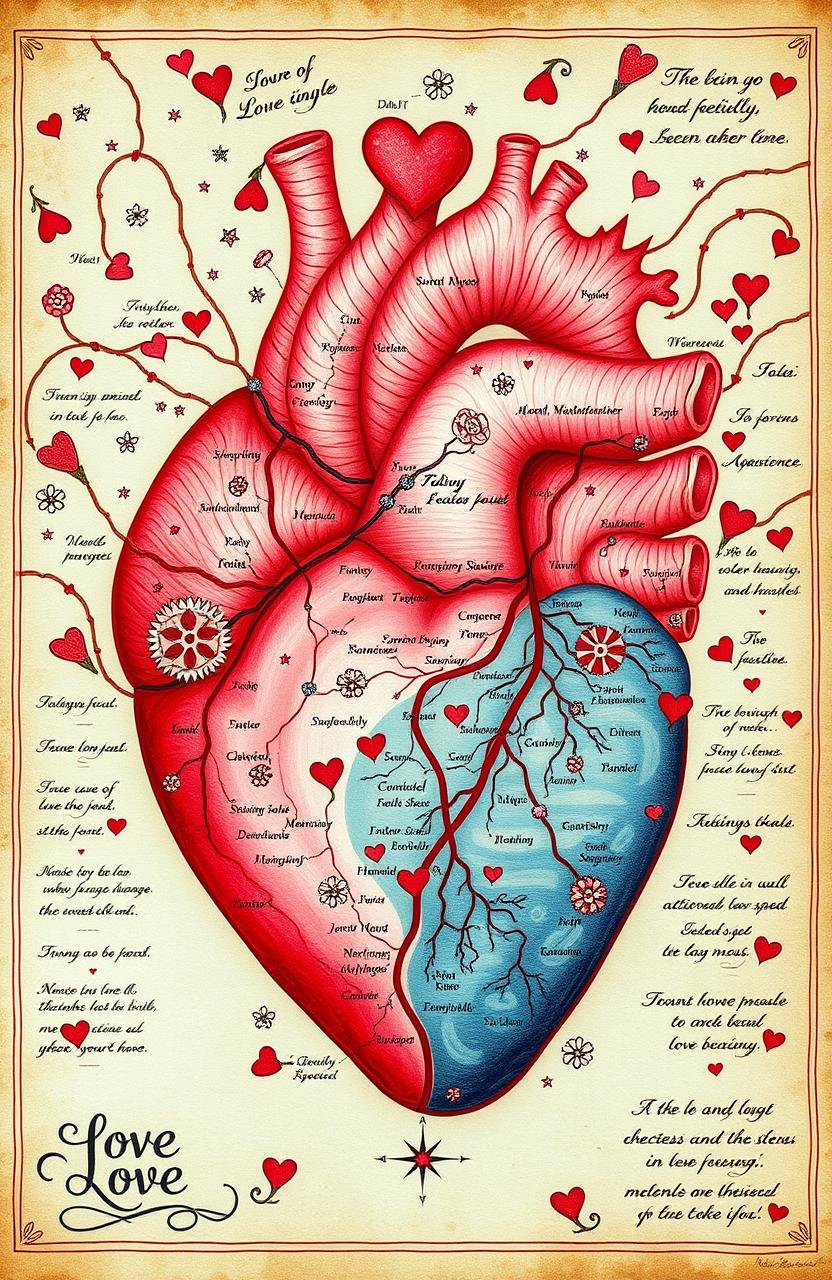 A beautiful, intricate map of the heart, representing emotional pathways with delicate lines and symbols that illustrate love, memories, and experiences