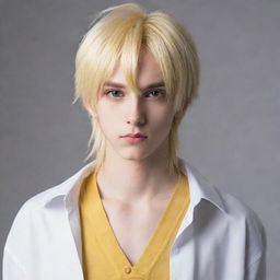 Anime-style slim teen boy with long, tail-back, blond hair. His intriguing heterochromatic eyes - one yellow, one white - add a unique charm to his personality.