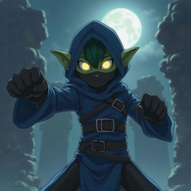 An anime art style inspired by Konosuba depicting a small agile dark green-skinned goblin with glowing yellow eyes and a small tuft of very dark green hair